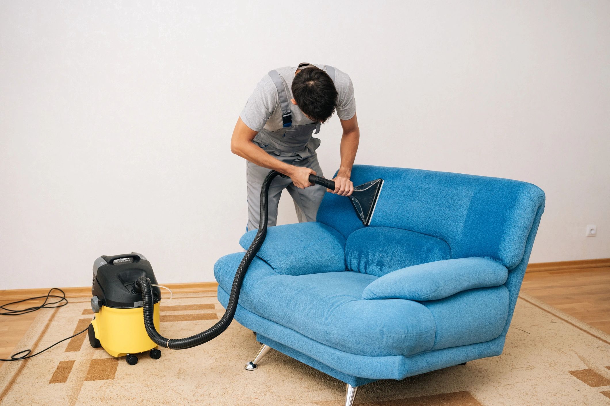 Technician cleaning upholstered furniture in a home